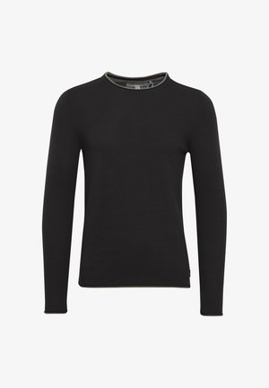 Fekete, hosszú ujjú póló, kerek nyakkivágással, könnyű anyagból készült. A nyakkivágásnál kontrasztos díszítés és testhez simuló fazon jellemzi.