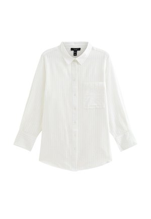 Witte blouse met lange mouwen, subtiele verticale strepen, puntige kraag, borstzak en brede manchetten.