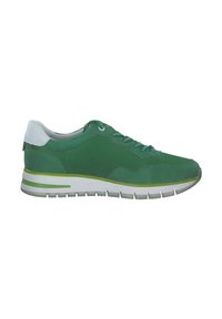 Grüner Wildledersneaker mit weißer Ferse, grauer Sohle und grünen Akzenten. Verfügt über Schnürsenkel und ein rundes Zehendesign. Texturierte Oberfläche. Leichte Konstruktion.