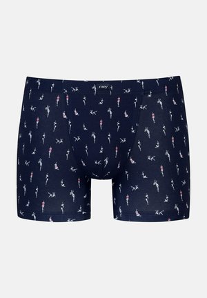 Navy blue boxer shorts made of cotton with a smooth texture, featuring a repeated print of stylized figures in white and pink.