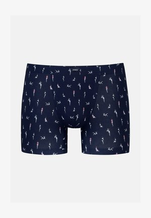 Marineblauwe boxershorts gemaakt van katoen met een gladde textuur, voorzien van een herhaald patroon van gestileerde figuren in wit en roze.