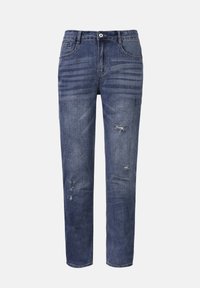 Jeans u potpunosti od trganog denima u tamnoplavoj boji, s ravnim krojem, prednjim džepovima i vidljivim izrezima uz blago izblijedjenje. Standardno zatvaranje s dugmetom.