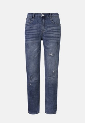 Verweerde denim jeans in donkerblauw, met een rechte pasvorm, voorzakken en zichtbare scheuren met subtiele vervaging. Standaard knoopsluiting.