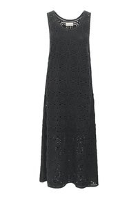 Black crochet dress with a sleeveless design, featuring circular patterns and a relaxed A-line shape, soft texture, and knee-length hem.