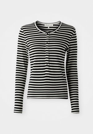Mustavalkoraidallinen pitkähihaisuus paita, jossa on pyöreä kaula-aukko, napitus ja slim fit -muotoilu. Pehmeä kankaan tekstuuri.