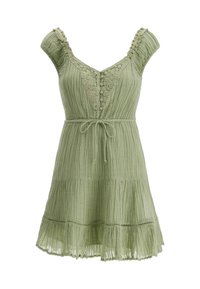 Hellgrünes Kleid mit Rüschenschultern, strukturiertem Stoff, besticktem Ausschnitt, Knopfdetail und verstellbarem Bindegürtel. Ausgestellter Rock.