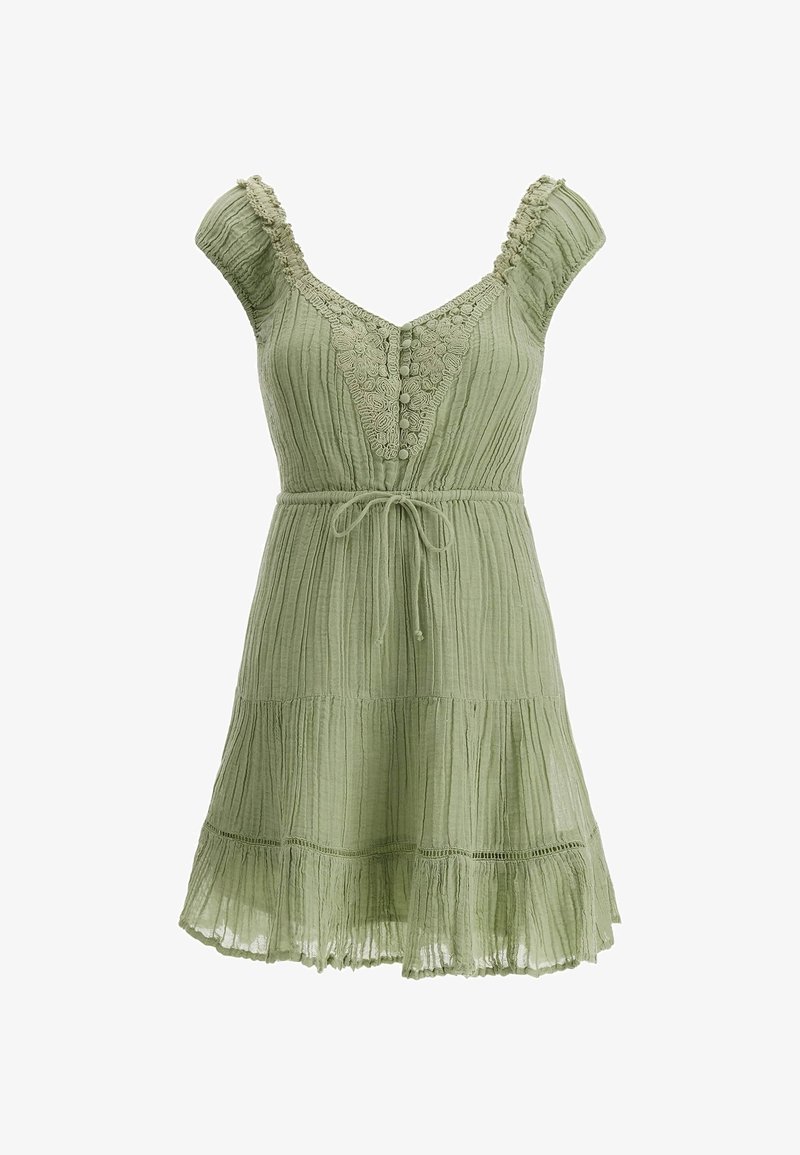 Hellgrünes Kleid mit Rüschenschultern, strukturiertem Stoff, besticktem Ausschnitt, Knopfdetail und verstellbarem Bindegürtel. Ausgestellter Rock.