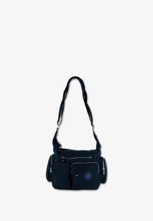 Dunkelblaue Stoff-Umhängetasche mit mehreren Taschen, Reißverschlüssen und einer strukturierten Oberfläche. Besitzt ein kreisförmiges Logo und einen verstellbaren Tragegurt.