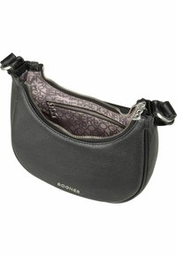 Musta nahkainen Bogner-käsilaukku, jossa on hopea vetoketju, sisäinen vetoketjupussi ja kuviollinen kangasvuori, jossa on Bogner-logo.