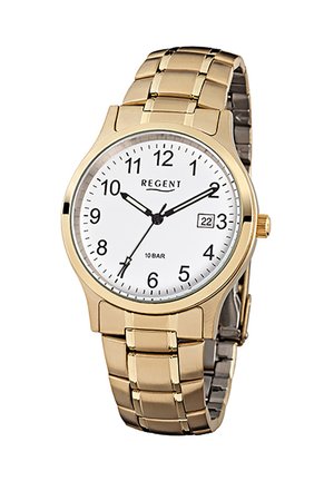 Montre-bracelet en métal doré avec cadran blanc, chiffres noirs, affichage de la date à 3 heures, nom de la marque Regent, et heure indiquant 10:10:35.