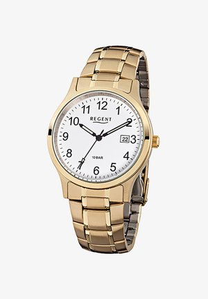 Goldene Metallarmbanduhr mit weißem Zifferblatt, schwarzen Ziffern, Datumsanzeige bei 3 Uhr, Markenname Regent und Uhrzeit 10:10:35.