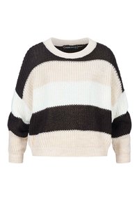 Strickpullover mit horizontalen Streifen in Creme, Weiß und Dunkelbraun. Lockerer Schnitt mit Rundhalsausschnitt und gerippten Bündchen.