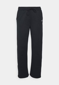 Czarne spodnie dresowe z miękkiego materiału, wyposażone w elastyczny pas ze sznurkiem oraz dyskretne białe logo po lewej stronie.