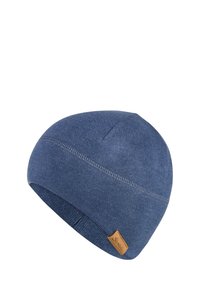 Blue knit beanie with a smooth texture, featuring a small leather tag. The design is form-fitting with a rounded top and stitch detailing.