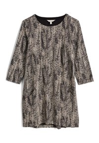 Svart långärmad klänning med ett krämfärgat bladmönster, rundad halsringning och sidofickor, tillverkad av mjukt, texturerat tyg.