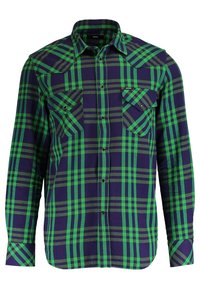 Zielona i granatowa koszula w kratę z długim rękawem, wykonana z bawełny, z dwoma kieszeniami na piersi oraz klasycznym kołnierzykiem z zapięciem na guziki.