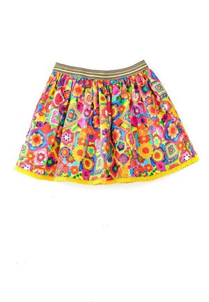Kolorowa, wzorzysta spódnica z żywymi kwiatami i geometrycznymi kształtami. Posiada marszczony krój, żółtą koronkową falbanę i elastyczny pas.