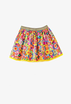 Jupe colorée et à motifs avec des fleurs vibrantes et des formes géométriques. Présente un design froncé, un ourlet en dentelle jaune et une taille élastique.