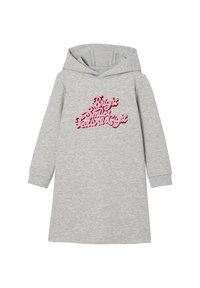 Graues Hoodie-Kleid mit langen Ärmeln, das mit strukturiertem, rosafarbenem, gesticktem Text verziert ist, der "Helles Sommerfestlicht" liest.