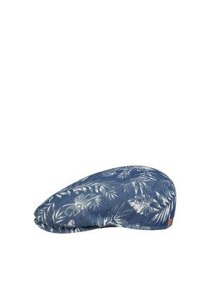 Blue flat cap with white tropical leaf and flower pattern, featuring a small brown logo tag on the side.
