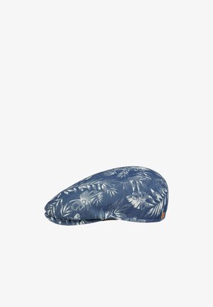Blue flat cap with white tropical leaf and flower pattern, featuring a small brown logo tag on the side.
