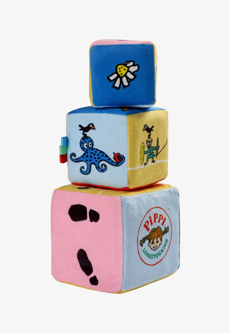 Soft fabric stacking blocks in blue, pink, and yellow, featuring playful illustrations, including an octopus, daisies, and footprints.