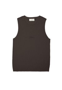 Dark brown sleeveless top in ribbed fabric, featuring a round neckline and subtle brand embroidery in matching color on the front.