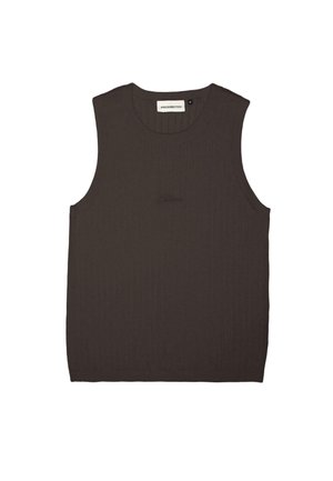 Dark brown sleeveless top in ribbed fabric, featuring a round neckline and subtle brand embroidery in matching color on the front.