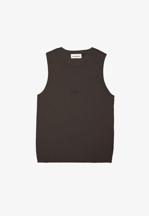 Tamsiai ruda be rankovių palaidinė iš raukšlėtos medžiagos, su apvaliu iškirpimu ir subtiliu prekės ženklo siuvinėjimu, derančiu atspalviu, priekyje.