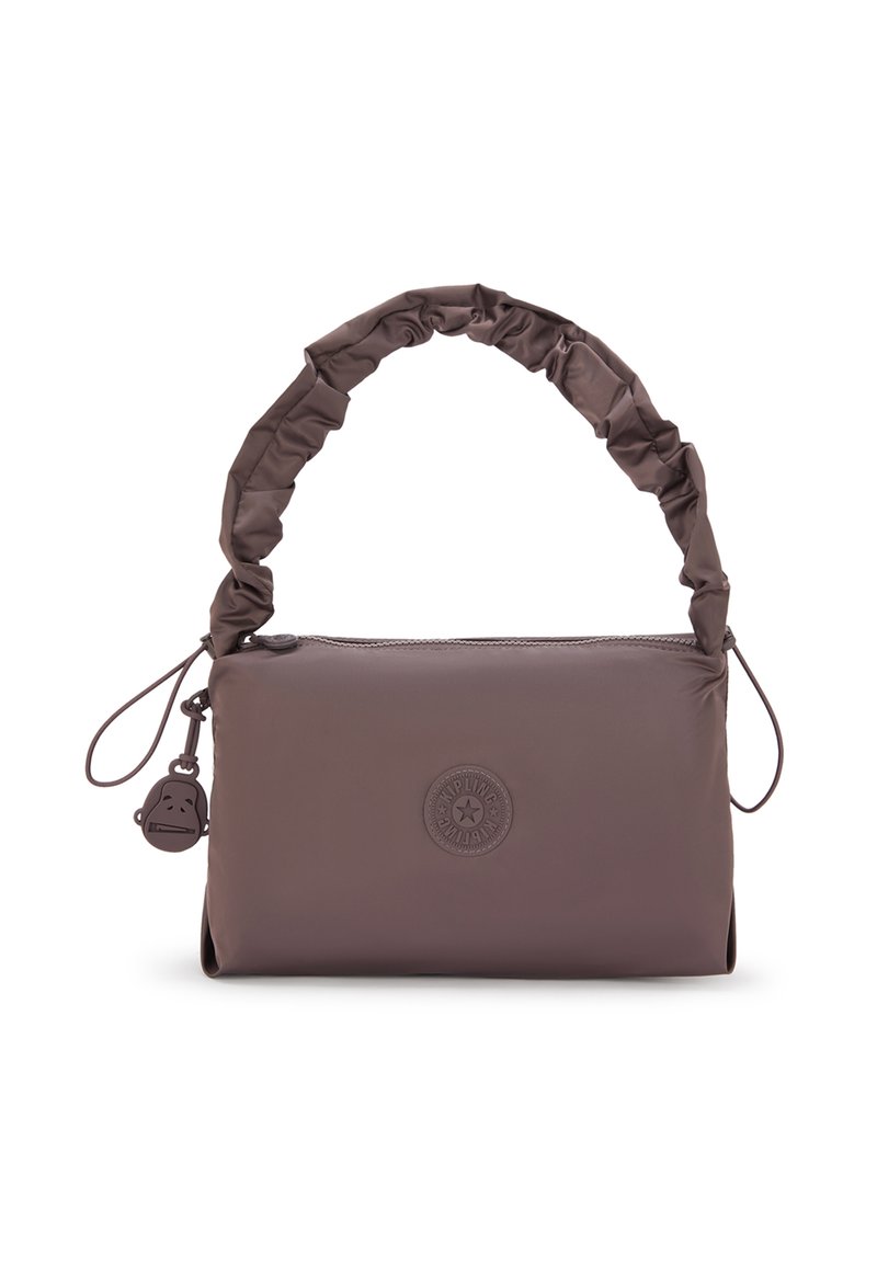 Brown nylon handbag with a ruffled handle, zip closure, and logo detail. Features a small charm attached to the zipper. Smooth texture.
