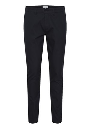 Black trousers made from a smooth fabric, featuring a slim fit design, button closure, and standard pockets. No distinct patterns or accents.