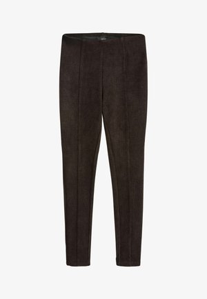 Ciemnobrązowe, prążkowane legginsy o dopasowanym kroju, z pionowymi szwami i elastycznym pasem, leżące na białym tle.