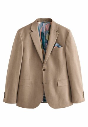 Beige Blazer mit einem Zwei-Knopf-Verschluss, Reverskragen und zwei vorderen Taschen. Das Innere hat ein farbenfrohes Muster, mit einem sichtbaren Taschenquadrat.