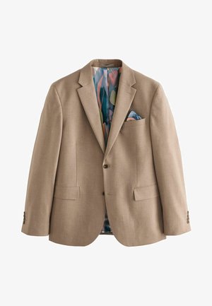 Bež bleizer kahe kahe nupuga, lõikeklappidega ja kahe esipocketiga. Siseosa on värvilise mustriga, kus on nähtav tasku rätik.