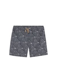 Șorturi de baie bleumarin cu un model floral alb, talie elastică, închidere cu șnur și buzunare laterale. Textură moale a materialului.