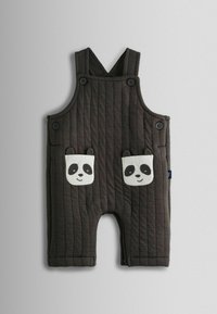 Tumehallid kakkutöötlusel õlapaelad, millel on reguleeritavad rihmad ja kaks taskut panda nägudega. Pehme kangas horisontaalsete õmblusdetailidega.