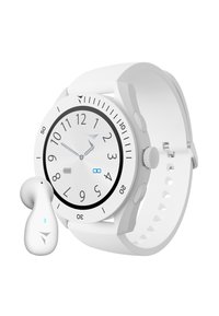Orologio smartwatch bianco con quadrante rotondo, marcature nere e dettagli argentati. Include un cinturino bianco sicuro e un auricolare wireless bianco con luce blu.