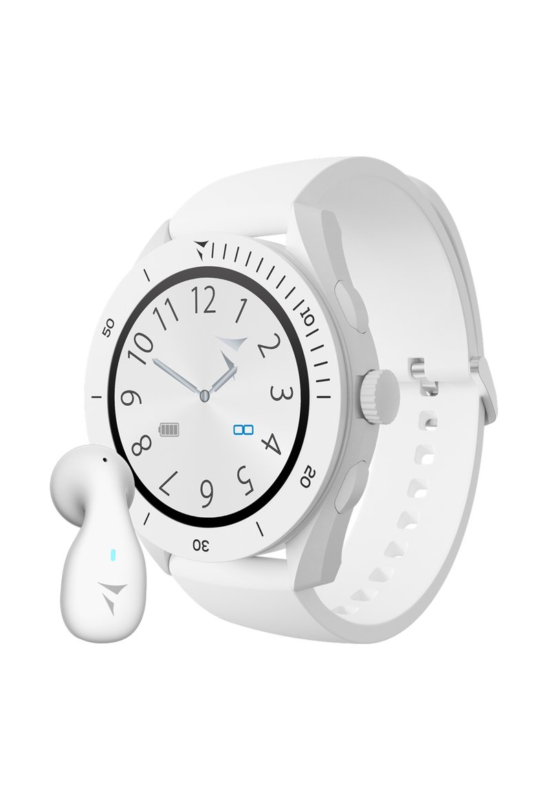 Orologio smartwatch bianco con quadrante rotondo, marcature nere e dettagli argentati. Include un cinturino bianco sicuro e un auricolare wireless bianco con luce blu.