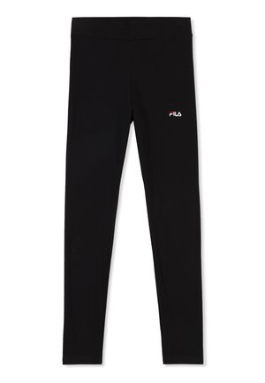 Czarne legginsy wykonane z elastycznego materiału, o gładkiej fakturze i elastycznym pasie, z małym białym i czerwonym logo FILA.