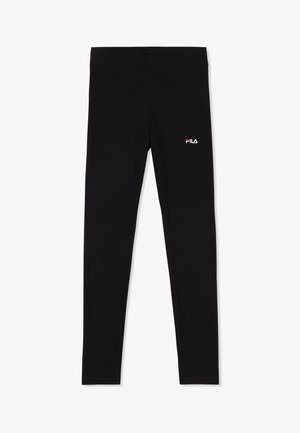 Czarne legginsy wykonane z elastycznego materiału, o gładkiej fakturze i elastycznym pasie, z małym białym i czerwonym logo FILA.