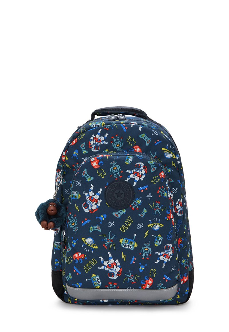Zaino della marina caratterizzato da un motivo colorato a tema spaziale con razzi e robot; include un portachiavi a forma di scimmietta pelosa e un patch in gomma con il logo.