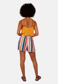 Yellow sleeveless top, loose fit. Striped shorts in blue, red, white, and pink. Back view shows light fabric and simple strap design. Sandals worn.