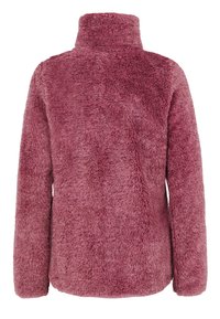 Fuzzy rosa pulloverjacka med hög krage, med långa ärmar och en mjuk, texturerad yta. Inga synliga knäppningar.