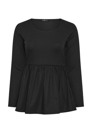 Schwarzes Langarmoberteil mit rundem Ausschnitt, das einen figurbetonten Oberteil und einen ausgestellten Peplum-Saum aufweist, aus weichem, glattem Stoff gefertigt.