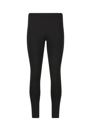 Sorte leggings lavet af strækbart stof, med en glat overflade og en høj talje. Ingen synlige mønstre eller hårde detaljer.