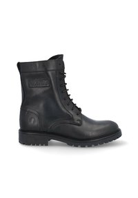 Botín negro de cuero a la altura del tobillo con cordones en la parte delantera, puntera redondeada, suela resistente, detalle de logo en el lateral y textura suave. Diseño clásico para mayor durabilidad.