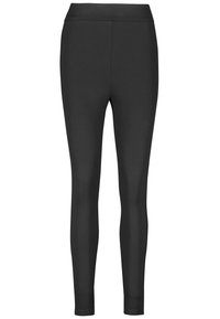 Leggings negras hechas de un material elástico con una cinturilla alta, que presentan un diseño ajustado y elegante que contornea las piernas sin adornos.