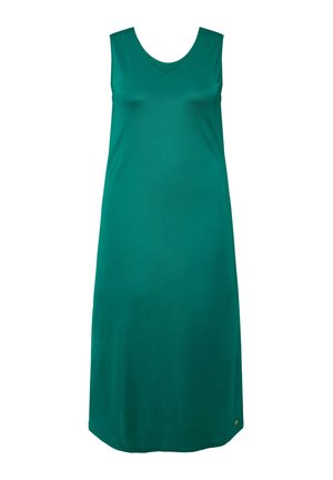 Ärmelloses, knielanges Kleid in lebhaftem Türkis, mit V-Ausschnitt und einer glatten Textur. Dezentes Branding am Saum.