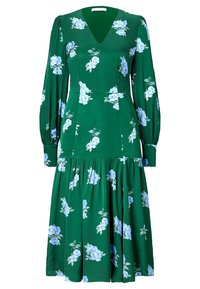 Robe verte à manches longues, col en V, imprimé floral bleu, taille cintrée et jupe évasée.