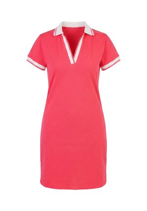 Robe polo courte couleur corail rose avec col blanc et bordure aux manches, dotée d'une encolure en V et de manches courtes.